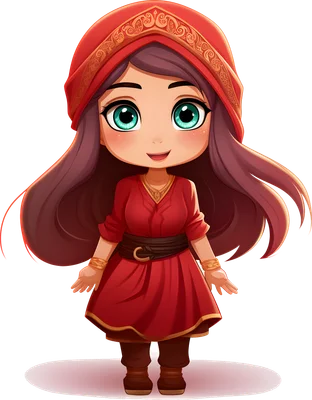 Hình ảnh cô gái chibi dễ thương với váy đỏ, khăn trùm đầu đỏ có họa tiết vàng, mắt xanh ngọc và mái tóc nâu dài.