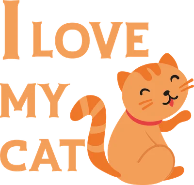 Hình ảnh minh họa chú mèo cam dễ thương với dòng chữ "I LOVE MY CAT" màu cam trên nền xám.