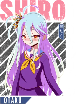 Hình ảnh Shiro tóc tím dài, mặc đồng phục, biểu cảm đáng yêu, có chữ "SHIRO" và "OTAKU"