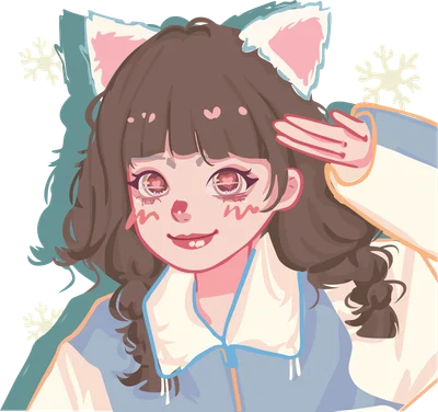 Hình ảnh cô gái anime đội tai mèo màu hồng, tóc nâu tết bím, mặc áo khoác xanh trắng, xung quanh có bông tuyết.