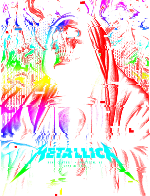Poster concert Metallica với hiệu ứng Glitch Art, màu sắc rực rỡ trên nền xám.