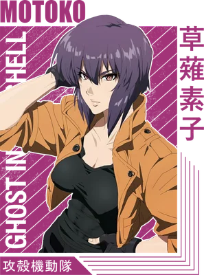 Hình ảnh Motoko Kusanagi từ Ghost in the Shell, mặc áo khoác cam, tóc tím, nhìn thẳng.