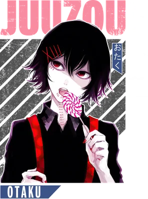 Hình ảnh nhân vật anime Juuzou Suzuya với mái tóc đen, mắt đỏ, đang ngậm kẹo mút và đeo nẹp đỏ.