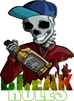 Hình vẽ bộ xương đội mũ lưỡi trai xanh, mặc áo đỏ, tay cầm chai rượu Jack Daniel's, có chữ 'BREAK' và 'HUGS' bên dưới.