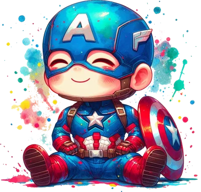 Hình ảnh Captain America phiên bản chibi đáng yêu đang ngồi, mỉm cười với chiếc khiên đặc trưng và hiệu ứng màu nước rực rỡ.