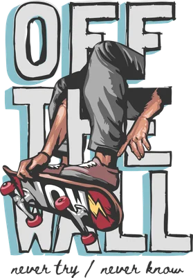 Hình ảnh graffiti chữ 'OFF THE WALL' với người trượt ván ngồi trên ván, phong cách đường phố.