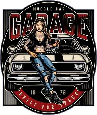 Cô gái xăm mình mặc áo crop top đứng tựa vào xe cơ bắp muscle car trong thiết kế phong cách garage cổ điển