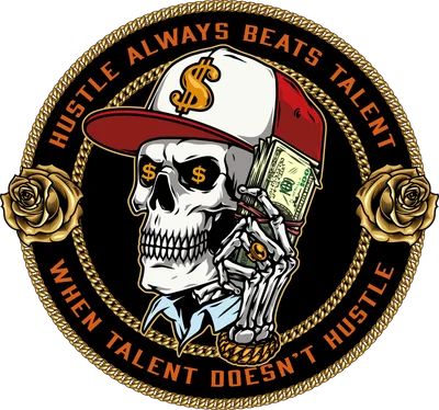 Hình in đầu lâu đội mũ snapback, mắt ký hiệu đô la, cầm xấp tiền, bao quanh bởi hoa hồng và dây xích vàng