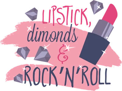 Hình ảnh minh họa son môi, kim cương và dòng chữ 'LIPSTICK, diamonds & ROCK 'N' ROLL' trên nền xám.