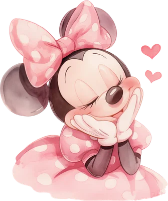 Minnie Mouse dễ thương váy hồng chấm bi phong cách màu nước, biểu cảm yêu thương