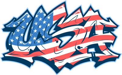 Hình ảnh graffiti chữ USA với họa tiết cờ Mỹ, phong cách hiphop, viền xanh dương.
