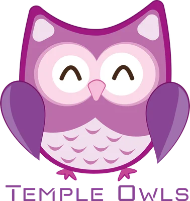 Hình ảnh minh họa cú mèo màu tím dễ thương, mắt nhắm, hai cánh dang rộng, có chữ 'TEMPLE OWLS' bên dưới.