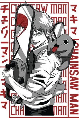 Hình vẽ Denji và Pochita từ Chainsaw Man, Denji cầm cưa máy, Pochita trên vai.