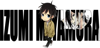 Hình ảnh chibi Izumi Miyamura từ anime, với chữ "IZUMI MIYAMURA" cách điệu.
