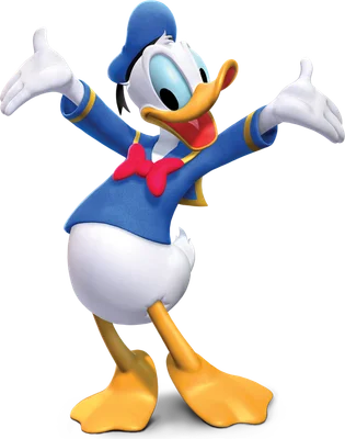 Hình ảnh Vịt Donald hoạt hình 3D với bộ đồ thủy thủ xanh, dang rộng hai tay trên nền xám.