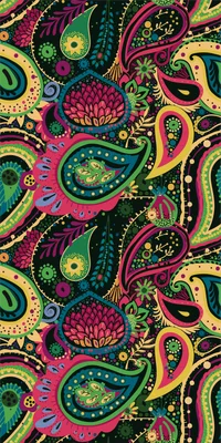 Họa tiết Paisley đầy màu sắc với các chi tiết hoa văn phức tạp trên nền đen.