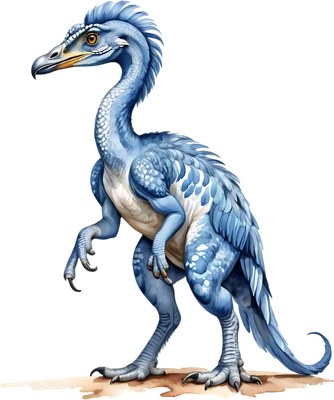 Hình minh họa khủng long Velociraptor màu xanh dương với lông vũ và móng vuốt sắc nhọn, đứng trên nền xám.