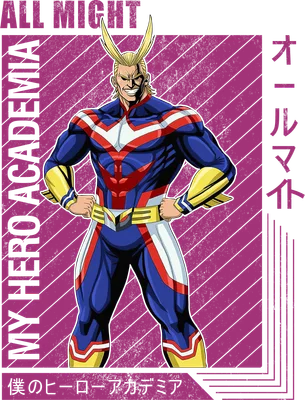 Hình ảnh All Might, nhân vật chính trong My Hero Academia, với bộ trang phục anh hùng màu xanh, đỏ, trắng và vàng.
