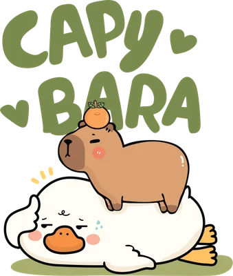 Capybara dễ thương đội cam ngồi trên vịt mệt mỏi phong cách chibi