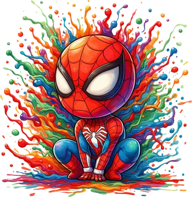 Hình ảnh Người Nhện Chibi ngồi xổm, bao quanh bởi những vệt màu sơn nước đa sắc rực rỡ trên nền xám.