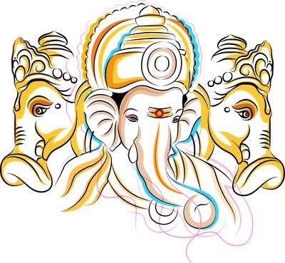 Ba hình ảnh thần Ganesha đầu voi với các chi tiết trang trí trên đầu, nền xám.