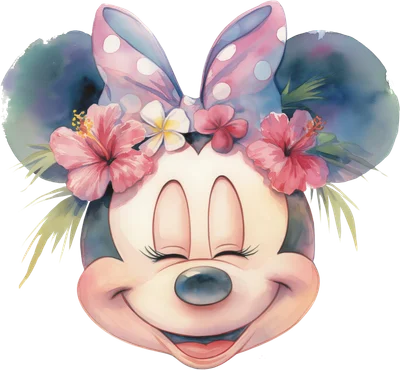 Hình ảnh Minnie Mouse phong cách màu nước, đội vòng hoa nhiệt đới gồm hoa dâm bụt và hoa sứ, với chiếc nơ chấm bi màu hồng xanh, biểu cảm vui vẻ.