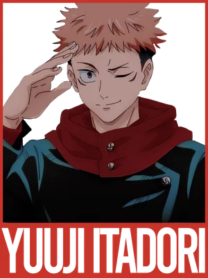 Hình vẽ anime Yuji Itadori với mái tóc nâu, đang chào tay lên trán và nháy mắt, mặc áo hoodie đỏ và đen.