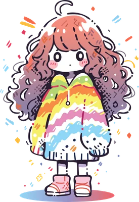 Hình vẽ cô bé chibi tóc xoăn màu cầu vồng, mặc áo hoodie sặc sỡ, đi giày hồng.