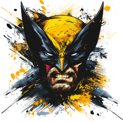 Hình ảnh Wolverine với biểu cảm giận dữ, hiệu ứng splatter art vàng đen trên nền xám.