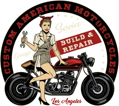 Hình minh họa cô gái pin-up cầm cờ lê, tựa vào xe mô tô cổ điển với dòng chữ Custom American Motorcycles.