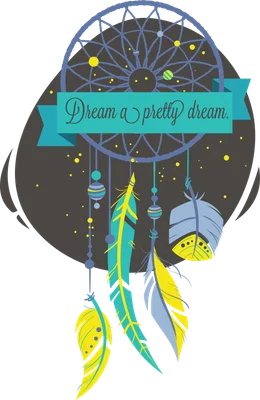 Hình minh họa dreamcatcher phong cách flat design với lông vũ màu xanh ngọc, vàng, xanh lam và dòng chữ 'Dream a pretty dream' trên nền xám.