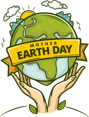 Hình minh họa Trái Đất xanh tươi được nâng đỡ bởi hai bàn tay, với dòng chữ 'MOTHER EARTH DAY' trên dải băng vàng.