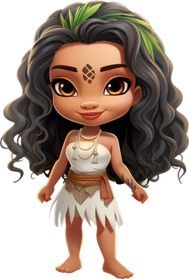 Hình ảnh công chúa Moana phiên bản chibi dễ thương, tóc xoăn đen, đội lá cây, mặc trang phục thổ dân màu trắng và nâu.