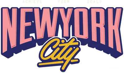 Hình in chữ New York City màu hồng, xanh đậm và vàng, phong cách retro 3D với dòng chữ Achieve Your Goals.