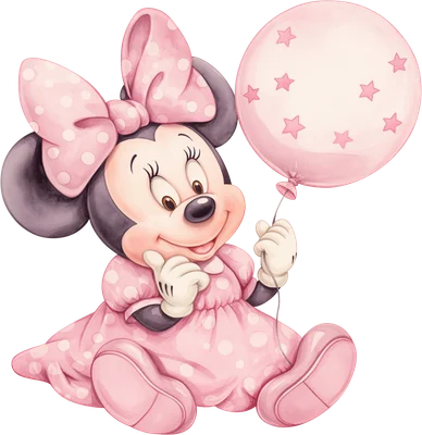 Hình ảnh Minnie Mouse bé con dễ thương mặc váy hồng chấm bi, đội nơ hồng và cầm bóng bay màu hồng có ngôi sao.