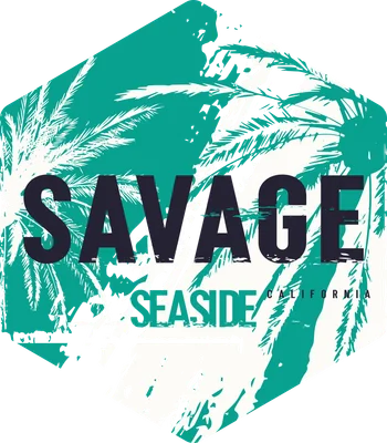 Hình in chuyển nhiệt chữ Savage Seaside California với nền lá cọ trắng và xanh ngọc