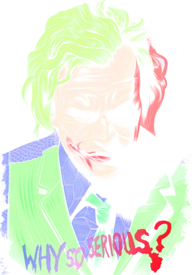 Hình vẽ chân dung nhân vật Joker với mái tóc xanh lá, trang phục xanh lá và tím, kèm dòng chữ "Why So Serious?"