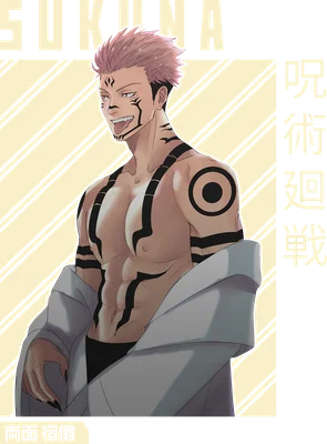 Hình ảnh nhân vật Sukuna từ anime Jujutsu Kaisen với mái tóc hồng, hình xăm đen trên cơ thể và biểu cảm tự tin.
