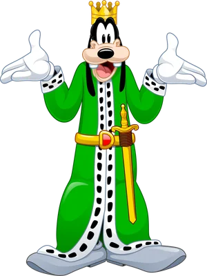 Goofy trong trang phục vua màu xanh lá cây, đội vương miện vàng, tay giơ lên với biểu cảm vui vẻ