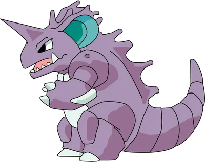 Hình ảnh Nidorino Pokémon màu tím với sừng nhọn, tai xanh và móng vuốt trắng, thể hiện sự mạnh mẽ.