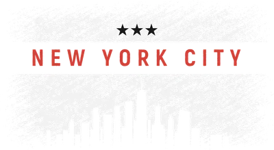 Hình ảnh New York City với các tòa nhà chọc trời màu xám và dòng chữ "NEW YORK CITY" màu đỏ.