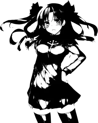 Hình ảnh cô gái anime tóc hai bím, mặc váy đen, biểu cảm dễ thương, phong cách vẽ đen trắng.