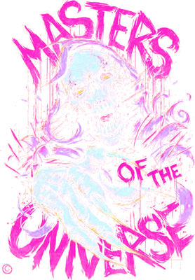 Hình ảnh Skeletor với bàn tay móng vuốt sắc nhọn, chữ 'Masters of the Universe' màu hồng neon nổi bật.