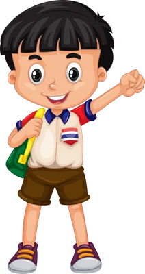 Hình vẽ hoạt hình một cậu bé Việt Nam vui vẻ đeo ba lô màu xanh lá và vàng, tay giơ lên.
