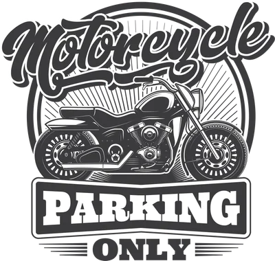 Hình minh họa biển báo bãi đỗ xe mô tô cổ điển với chữ 'Motorcycle Parking ONLY' màu trắng trên nền xám.