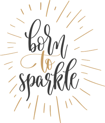Hình ảnh chữ viết tay 'Born to Sparkle' với hiệu ứng tia sáng vàng trên nền xám.