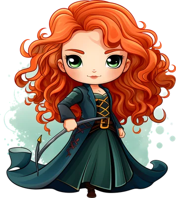 Hình ảnh chibi công chúa Merida tóc đỏ xoăn, mắt xanh, mặc váy xanh lá cầm cung tên.