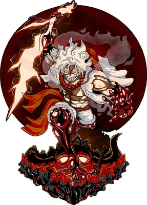 Hình ảnh Luffy Gear 5 trong One Piece, tung chưởng sét, đứng trên bệ đá quỷ dữ.