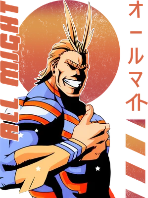 Hình ảnh All Might, nhân vật anime với mái tóc vàng, nụ cười tự tin và bộ trang phục anh hùng màu xanh, cam, trắng.