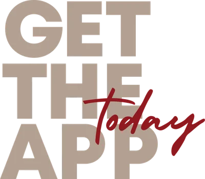 Hình ảnh chữ 'GET THE APP' màu be và 'today' màu đỏ trên nền xám, thiết kế typography đơn giản.